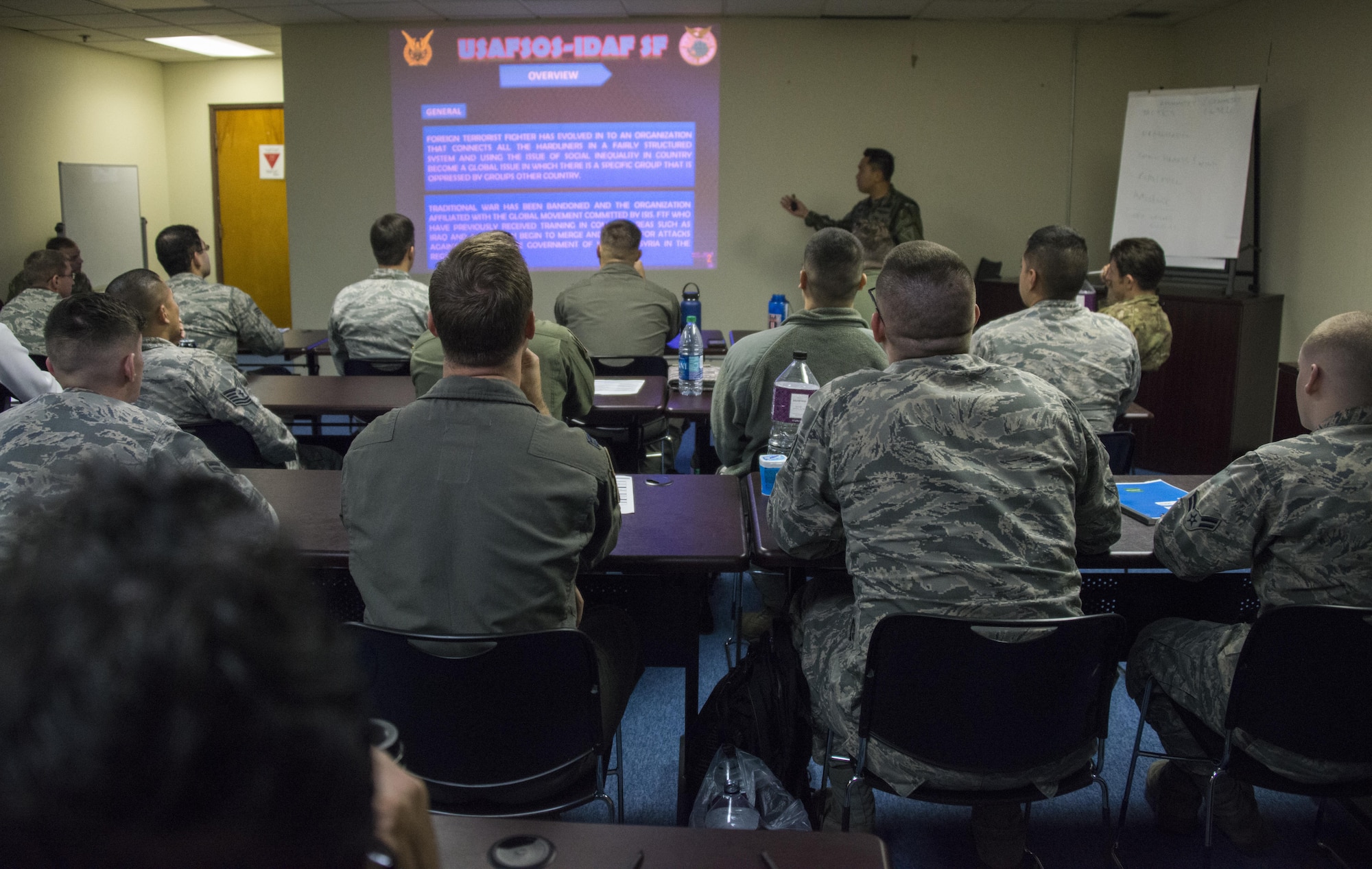 Indonesian Air Force leadership presented their views on irregular warfare and radicalization to United States Air Force Special Operations School faculty and students, Dec. 7, 2016. Joint Special Operations Command-Pacific (JSOAC-P) demonstrated the benefits of continual partnership building during a visit by Indonesian Air Force leadership to Kadena Air Base, December 4-8, 2016. (U.S. Air Force photo by Capt. Jessica Tait)