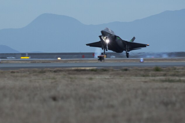 An F-35B Lightning II with Marine Fighter Attack Squadron (VMFA) 121, lands at Marine Corps Air Station Iwakuni, Japan, Jan. 18, 2017. VMFA-121 conducted a permanent change of station to MCAS Iwakuni, from MCAS Yuma, Ariz., and now belongs to Marine Aircraft Group 12, 1st Marine Aircraft Wing, III Marine Expeditionary Force. The F-35B Lightning II is a fifth-generation fighter, which is the world’s first operational supersonic short takeoff and vertical landing aircraft. The F-35B brings strategic agility, operational flexibility and tactical supremacy to III MEF with a mission radius greater than that of the F/A-18 Hornet and AV-8B Harrier II in support of the U.S. – Japan alliance. (U.S. Marine Corps photo by Lance Cpl. Joseph Abrego)
