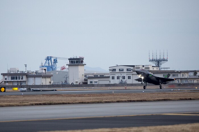 An F-35B Lightning II with Marine Fighter Attack Squadron (VMFA) 121, lands at Marine Corps Air Station Iwakuni, Japan, Jan. 18, 2017. VMFA-121 conducted a permanent change of station to MCAS Iwakuni, from MCAS Yuma, Ariz., and now belongs to Marine Aircraft Group 12, 1st Marine Aircraft Wing, III Marine Expeditionary Force. The F-35B Lightning II is a fifth-generation fighter, which is the world's first operational supersonic short takeoff and vertical landing aircraft. The F-35B brings strategic agility, operational flexibility and tactical supremacy to III MEF with a mission radius greater than that of the F/A-18 Hornet and AV-8B Harrier II in support of the U.S. - Japan alliance. (U.S. Marine Corps photo by Lance Cpl. Jacob A. Farbo)