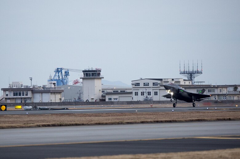 An F-35B Lightning II with Marine Fighter Attack Squadron (VMFA) 121, lands at Marine Corps Air Station Iwakuni, Japan, Jan. 18, 2017. VMFA-121 conducted a permanent change of station to MCAS Iwakuni, from MCAS Yuma, Ariz., and now belongs to Marine Aircraft Group 12, 1st Marine Aircraft Wing, III Marine Expeditionary Force. The F-35B Lightning II is a fifth-generation fighter, which is the world's first operational supersonic short takeoff and vertical landing aircraft. The F-35B brings strategic agility, operational flexibility and tactical supremacy to III MEF with a mission radius greater than that of the F/A-18 Hornet and AV-8B Harrier II in support of the U.S. - Japan alliance. (U.S. Marine Corps photo by Lance Cpl. Jacob A. Farbo)