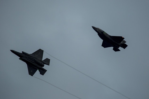 Two F-35B Lightning II aircraft with Marine Fighter Attack Squadron (VMFA) 121, prepare to land at Marine Corps Air Station Iwakuni, Japan, Jan. 18, 2017. VMFA-121 conducted a permanent change of station to MCAS Iwakuni, from MCAS Yuma, Ariz., and now belongs to Marine Aircraft Group 12, 1st Marine Aircraft Wing, III Marine Expeditionary Force. The F-35B Lightning II is a fifth-generation fighter, which is the world’s first operational supersonic short takeoff and vertical landing aircraft. The F-35B brings strategic agility, operational flexibility and tactical supremacy to III MEF with a mission radius greater than that of the F/A-18 Hornet and AV-8B Harrier II in support of the U.S. – Japan alliance. (U.S. Marine Corps photo by Cpl. Aaron Henson)