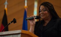Alicia Cabrera, a gospel service parish coordinator, sings in a solo performance during a Martin Luther King Jr. commemoration at Ramstein Air Base, Germany, Jan. 13, 2017. Dr. King became instrumental in the Civil Rights Movement and was a founder of the Southern Christian Leadership Conference, one of six groups that led the March on Washington in 1963, where he gave one of the most iconic speeches in the 20th century, “I Have a Dream.” (U.S. Air Force photo by Airman 1st Class Lane T. Plummer)