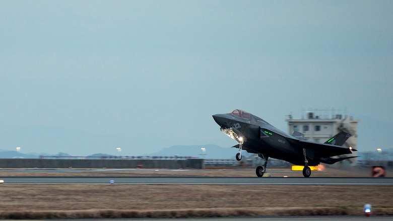 An F-35B Lightning II with Marine Fighter Attack Squadron 121, lands at Marine Corps Air Station Iwakuni, Japan, Jan. 18, 2017. VMFA-121 conducted a permanent change of station to MCAS Iwakuni, from MCAS Yuma, Ariz., and now belongs to Marine Aircraft Group 12, 1st Marine Aircraft Wing, III Marine Expeditionary Force. The F-35B Lightning II is a fifth-generation fighter, which is the world's first operational supersonic short takeoff and vertical landing aircraft. The F-35B brings strategic agility, operational flexibility and tactical supremacy to III MEF with a mission radius greater than that of the F/A-18 Hornet and AV-8B Harrier II in support of the U.S. - Japan alliance. 