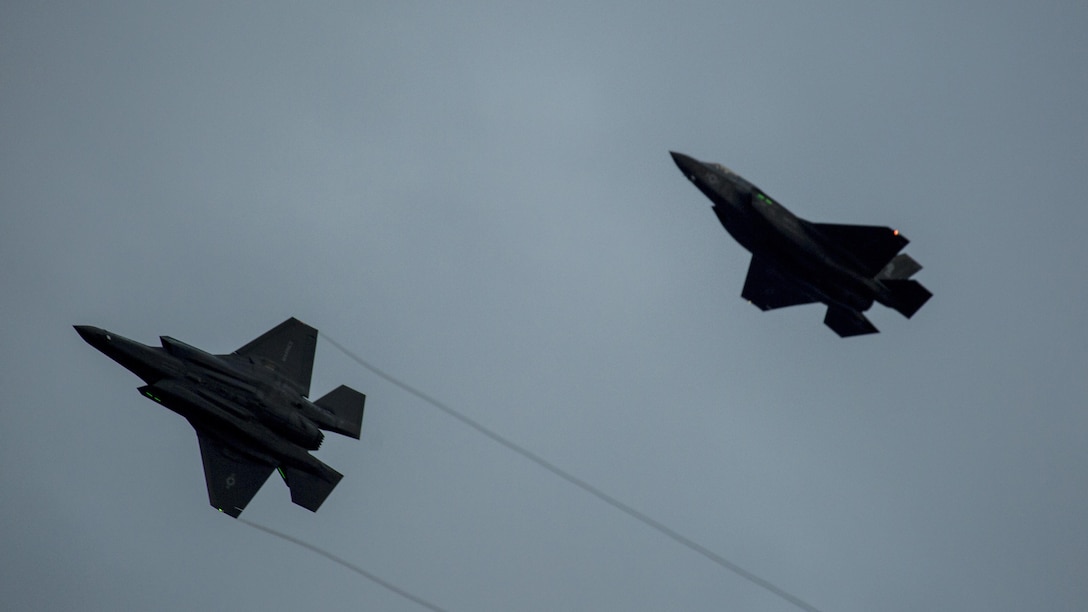 Two F-35B Lightning II aircraft with Marine Fighter Attack Squadron 121, prepare to land at Marine Corps Air Station Iwakuni, Japan, Jan. 18, 2017. VMFA-121 conducted a permanent change of station to MCAS Iwakuni, from MCAS Yuma, Ariz., and now belongs to Marine Aircraft Group 12, 1st Marine Aircraft Wing, III Marine Expeditionary Force. The F-35B Lightning II is a fifth-generation fighter, which is the world’s first operational supersonic short takeoff and vertical landing aircraft. The F-35B brings strategic agility, operational flexibility and tactical supremacy to III MEF with a mission radius greater than that of the F/A-18 Hornet and AV-8B Harrier II in support of the U.S. – Japan alliance. 