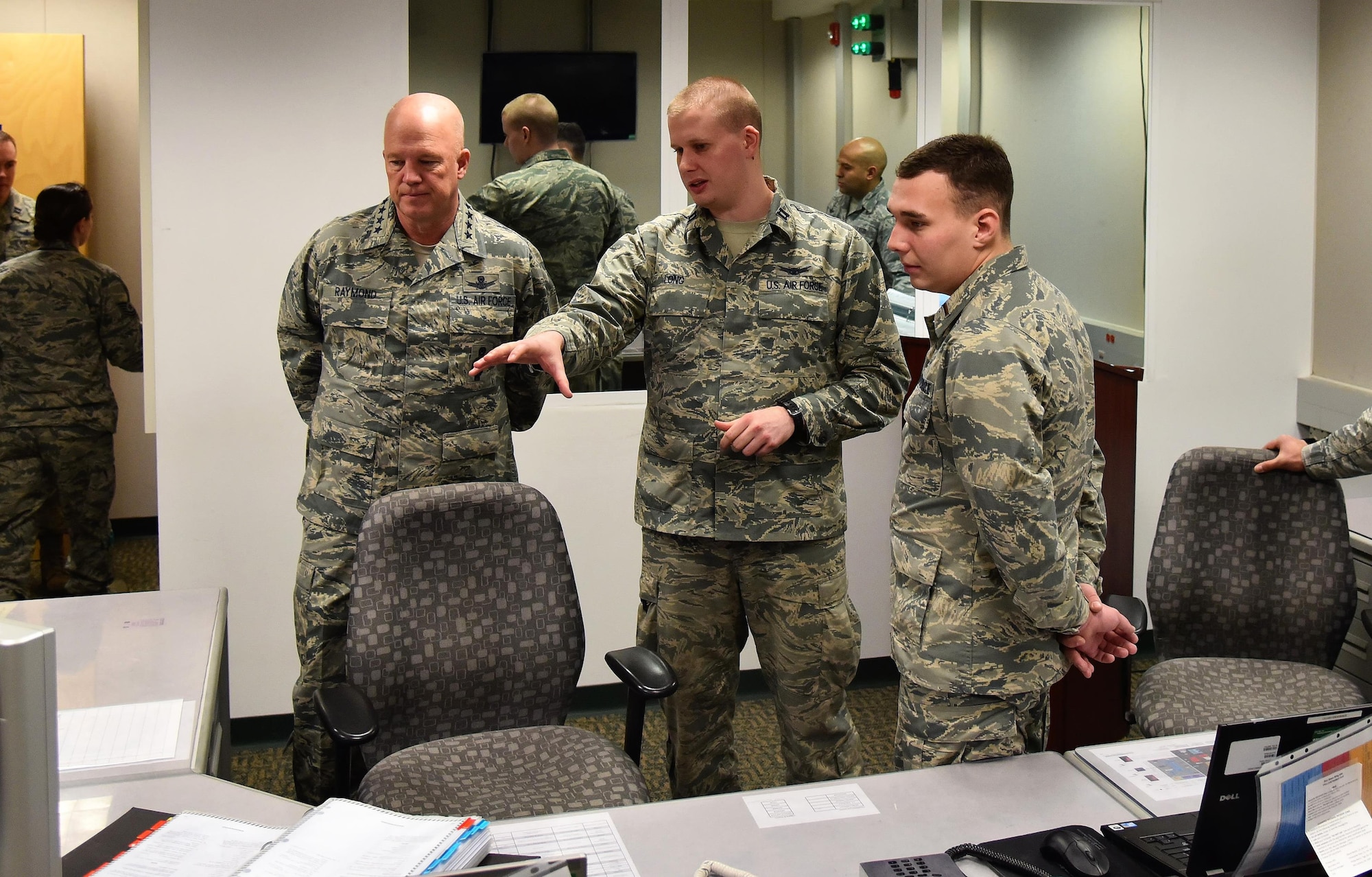 THULE AIR BASE, Greenland – Gen. Jay Raymond, Air Force Space Command commander, learns about site reporting from Capt. Cody Long, 821st Air Base Group chief of training, during his visit to Thule Air Base, Greenland, Jan. 4-6, 2017. (U.S. Air Force photo by 1st Lt. Kaylan Lee)