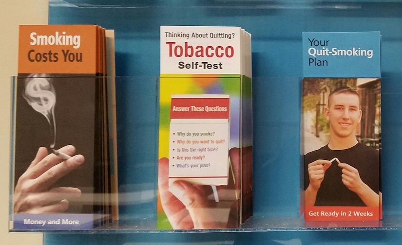 Tobacco cessation brochures are displayed at the Shellbank Fitness Center at Joint Base Langley-Eustis, Va., Jan. 6, 2017. The 633rd Aerospace Medicine Squadron’s Health Promotion office holds bi-weekly one-time enrollment classes for its Tobacco Cessation Program. (U. S. Air Force photo by Beverly Joyner)