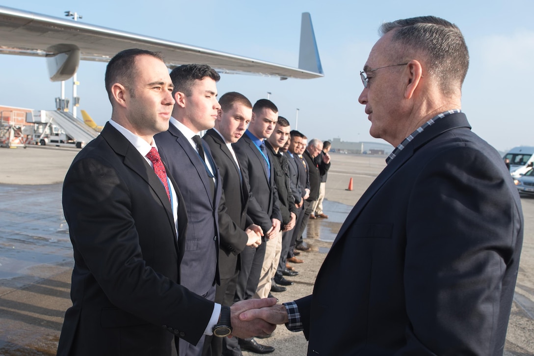 Marine Corps Gen. Joe Dunford, chairman of the Joint Chiefs of Staff, thanks U.S. personnel for their support of his visit to Brussels as he prepares to depart, Jan. 18, 2017. Dunford attended meetings with other military commanders at NATO headquarters. DoD photo by Army Sgt. James K. McCann