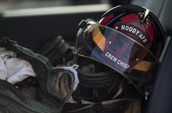 A fire helmet rests on a seat, during Vehicle Extrication training, Jan. 13, 2017, at Moody Air Force Base, Ga. This training was included as part of an Emergency Medical Technician refresher course where students learned about vehicle extrication from Moody’s own firefighters. (U.S. Air Force photo by Airman 1st Class Janiqua P. Robinson)