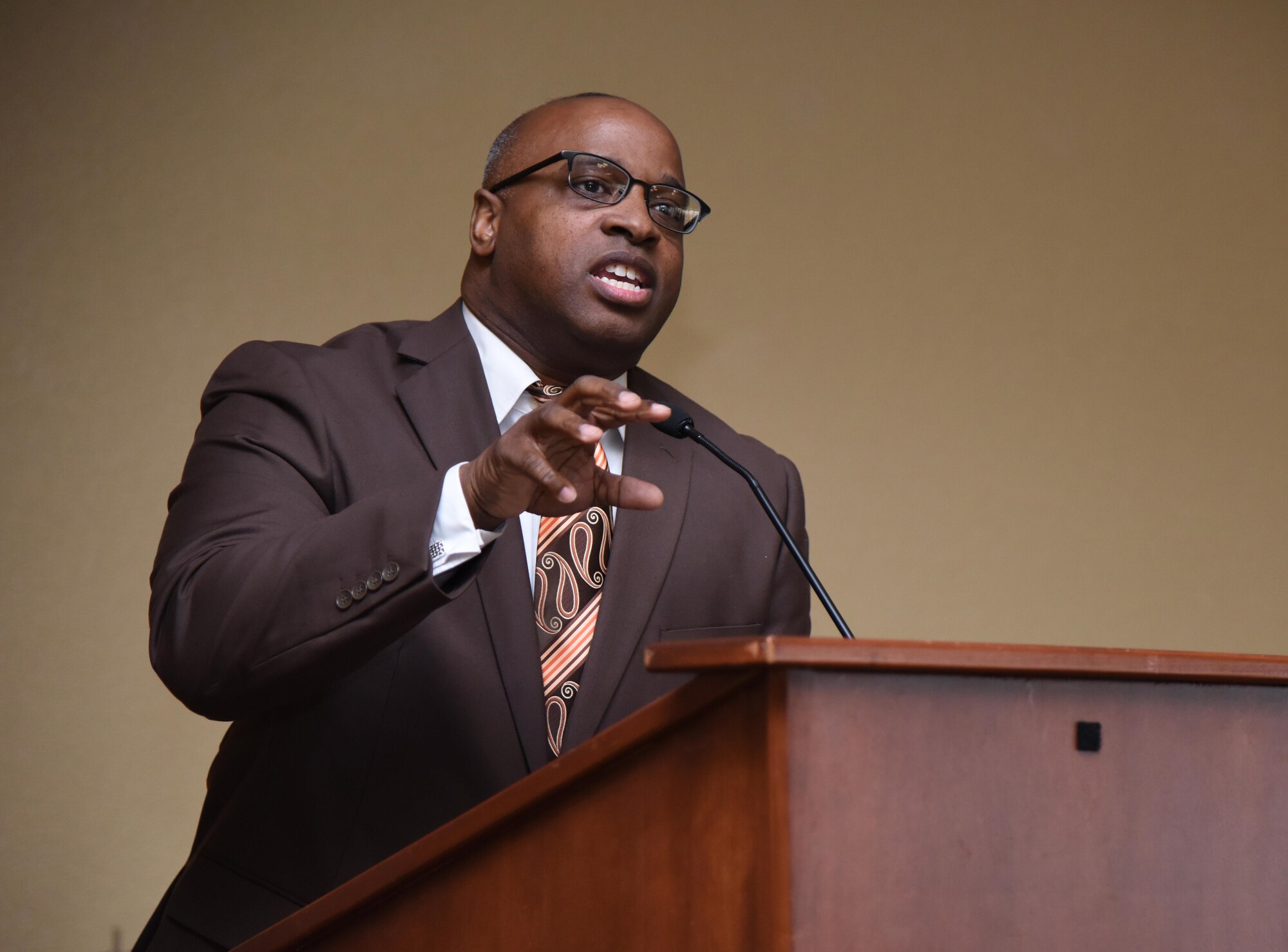 Rev. Eric Dickey, First Missionary Baptist Church pastor, speaks at the annual Dr. Martin Luther King Jr. Memorial Luncheon at the Bay Breeze Event Center, Jan. 17, 2017, on Keesler Air Force Base, Miss. The Keesler African-American Heritage Committee sponsored event honored King’s legacy and his efforts to inspire civil rights activism within the African-American community. (U.S. Air Force photo by Kemberly Groue)