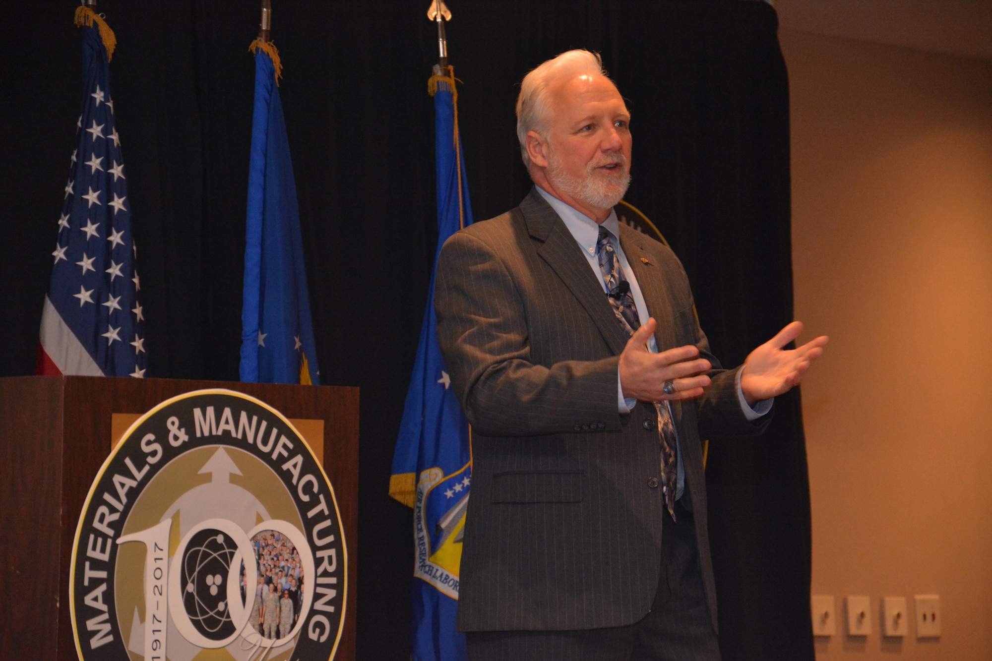 Jon Tirpak served as guest speaker for the 64th Annual Materials and Manufacturing Directorate Awards Luncheon. Having begun his career as a lieutenant in the directorate in the early 1980's, Tirpak now serves as the Senior Program Manager for the Advanced Technology Institute Advanced Materials Division. (U.S. Air Force photo/David Dixon)