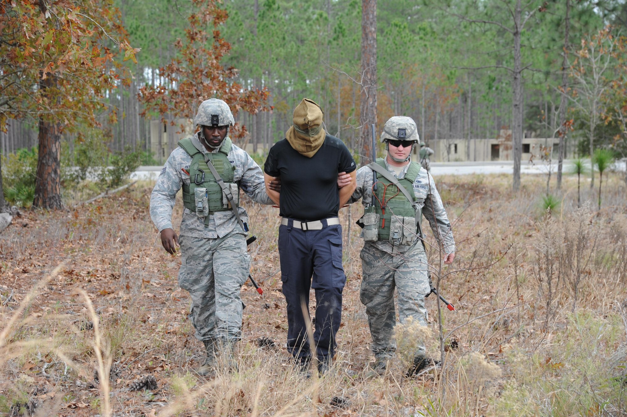 The 927th Security Force Squadron, MacDill Air Force Base, Florida participated in a week-long training exercise held at Camp Blanding Joint Training Center, Starke Florida, Jan. 9-13. The exercise included multiple scenarios that evaluated the defenders response to a variety of base threats and prisoner of war technics. (U.S Air Force photo by Tech. Sgt. Peter Dean)