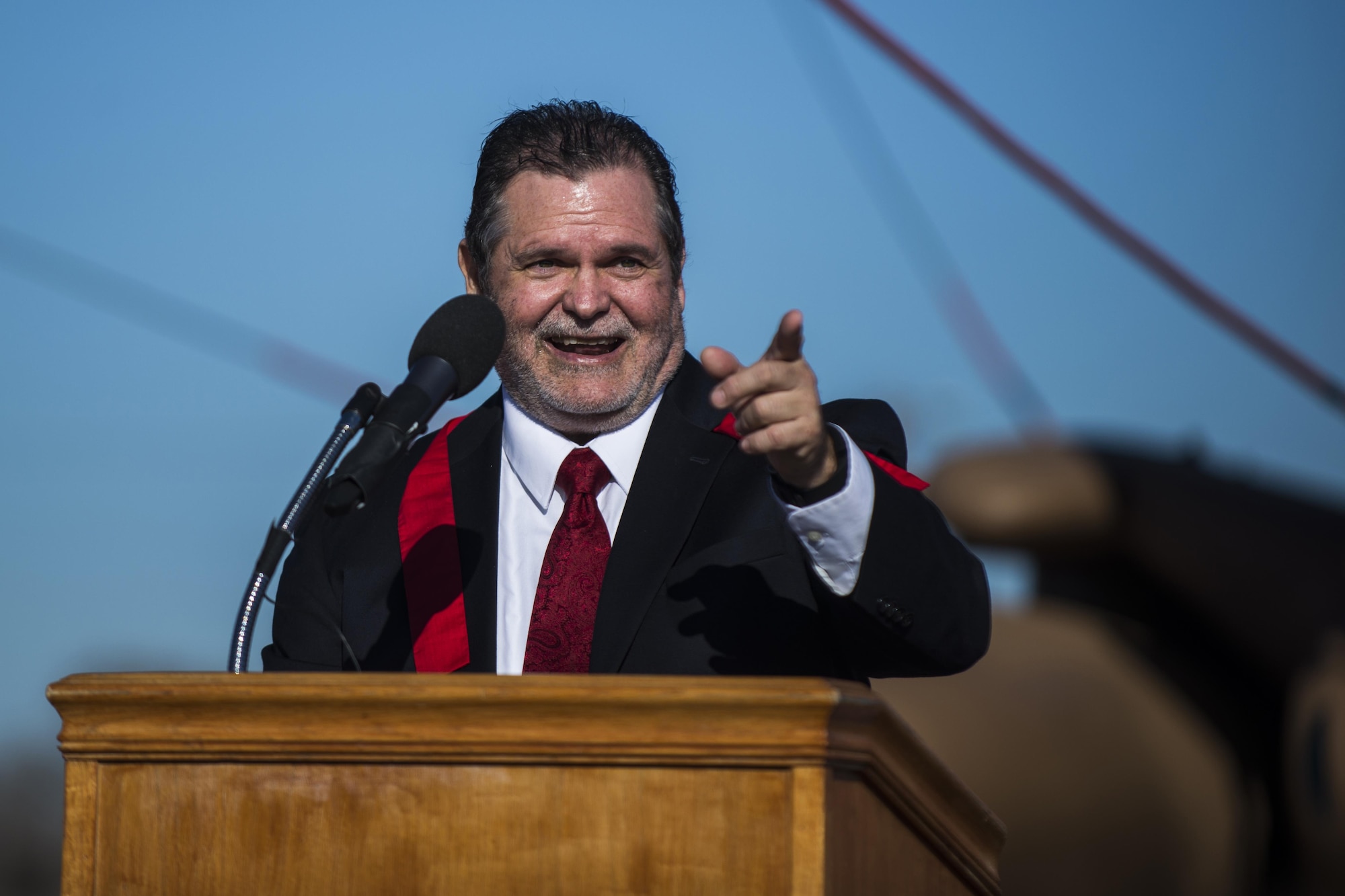 Retired Lt. Col. Corby Martin speaks on his experiences during a MH-53J Pave Low III dedication ceremony Jan. 17, 2017, at the air park on Cannon Air Force Base, N.M. Martin flew 33 combat missions in Operation Desert Storm including ones that took place on the very same Pave Low being dedicated. (U.S. Air Force photo by Senior Airman Luke Kitterman/Released) 