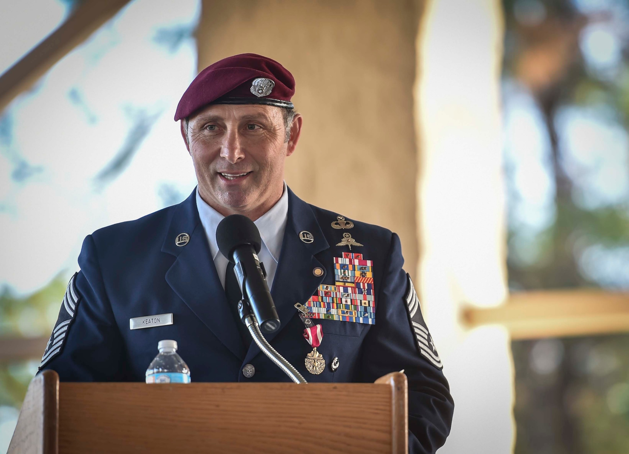 Chief Master Sgt. Davide Keaton, 26th Special Tactics Squadron superintendent, speaks during his retirement ceremony at Hurlburt Field, Fla., Jan. 12, 2017. Over the course of Keaton's 30-year career, he was decorated nine times for actions that saved dozens -- if not hundreds-- on and off the battlefield. (U.S. Air Force photo by Senior Airman Ryan Conroy) 