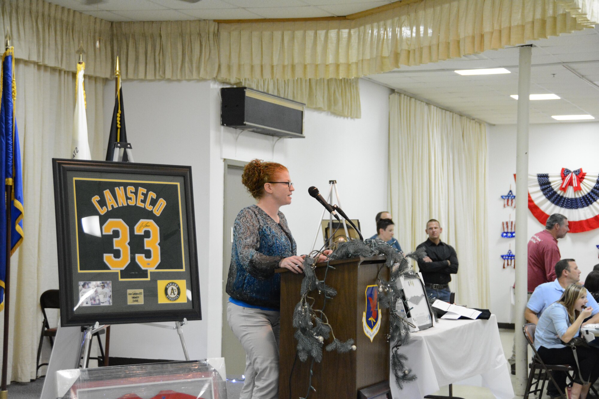 A member of the Oklahoma Air National Guard, 137th Special Operations Wing, tells a personal story about the impact of Operation Holiday Spirit on her life Nov. 5, 2016, at the VFW in Del City, Okla. Operation Holiday Spirit is expected to reach over $35,000 to support guard and Reserve Airmen in need this year. (U.S. Air Force photo/Maj. Jon Quinlan)