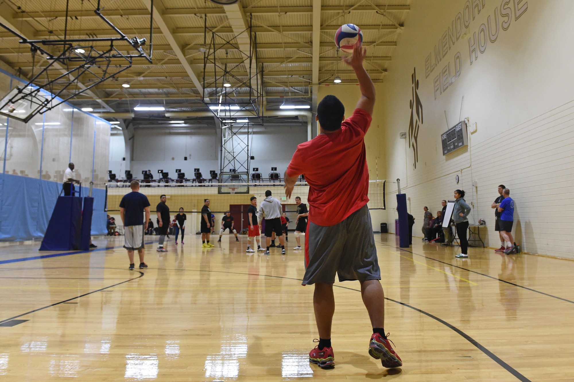 Service members participate in a volleyball tournament hosted at the Joint Base Elmendorf-Richardson Fitness Center, Jan. 12, 2017. Six teams competed in the event and prizes were awarded to first and second place as well the best-dressed team. 