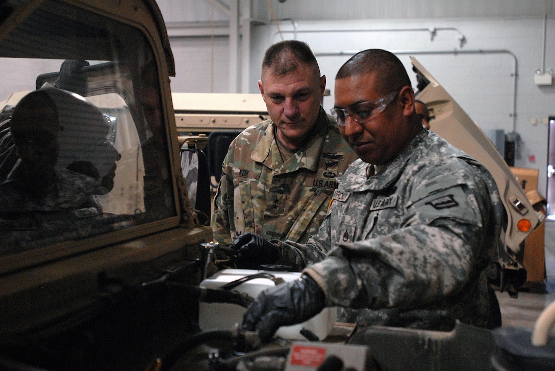 Maj. Gen. Troy D. Kok, commanding general of the U.S. Army Reserve’s 99th Regional Support Command, observes training during the command’s new Maintenance Sustainment and Readiness Program. The program gives Army Reserve Soldiers the opportunity to perform maintenance tasks at the 99th RSC’s Area Maintenance Support Activities and Equipment Concentration Sites in order to increase skill proficiency and enhance unit readiness.