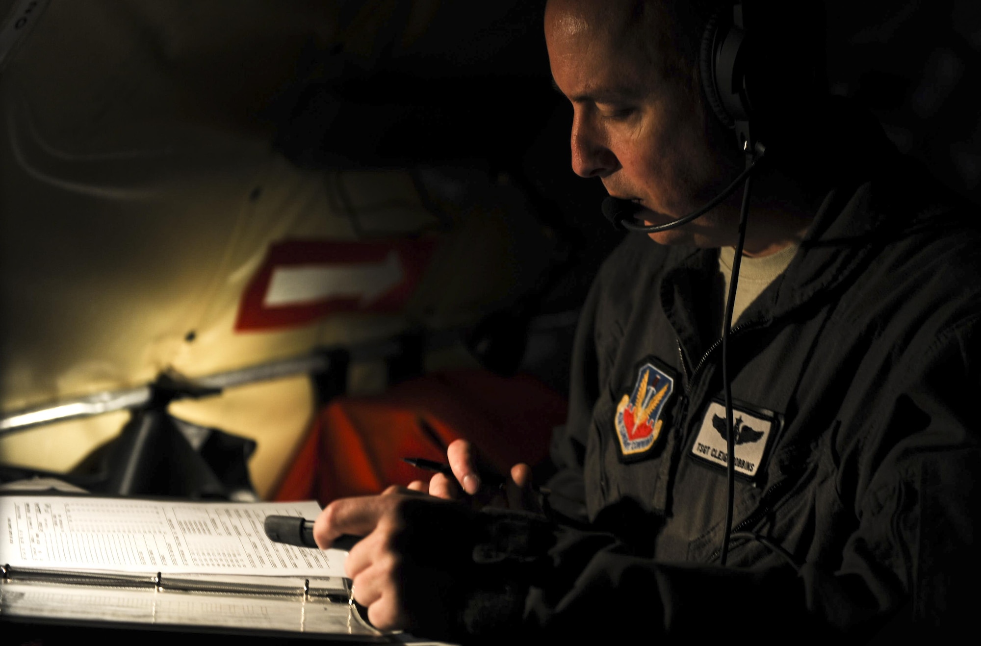 Tech. Sgt. Cleigh Robbins, boom operator assigned to the 509th Weapons Squadron, prepares a KC-135 Stratotanker before participating in defensive counter air on Nellis Air Force Base, Dec. 14, 2016. Students from the USAFWS class 16-B completed their five-and-a-half month course with the last sortie of advanced integration, defensive counter air, taking place over the Nevada Test and Training Range. (U.S. Air Force photo by Airman 1st Class Kevin Tanenbaum/Released)

