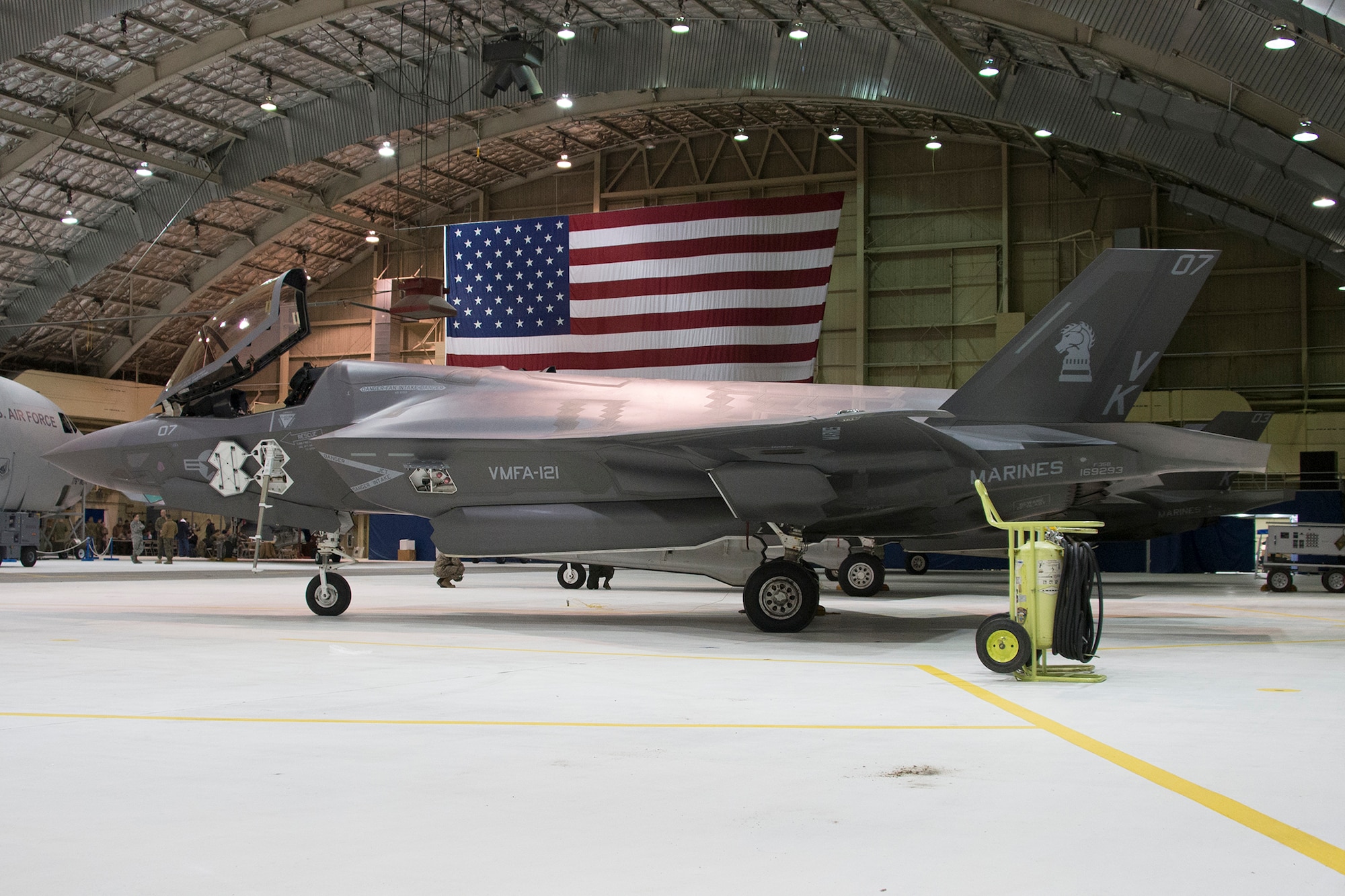An F-35B Lightening II with Marine Fighter Attack Squadron 121, 3rd Marine Aircraft Wing out of Marine Corps Air Station Yuma, Ariz., stopped at Joint Base Elmendorf-Richardson, Alaska en route to Marine Corps Air Station Iwakuni, Japan, Jan. 12, 2017. 
The VMFA-121 was the first operational F-35B squadron in the Marine Corps, with its relocation to 1st Marine Aircraft Wing at Iwakuni. The F-35B was developed to replace the Marine Corps' F/A-18 Hornet, AV-8B Harrier and EA- 6B Prowler. The Short Take-off Vertical Landing (STOVL) sensor technology, and electronic warfare systems bring all of the access and lethality capabilities of a fifth-generation fighter, a modern bomber, and an adverse-weather, all-threat environment air support platform. 
U.S Air Force Photo by Staff Sgt. Mike Campbell
Joint Base Elmendorf-Richardson, AK, UNITED STATES
01.12.2017