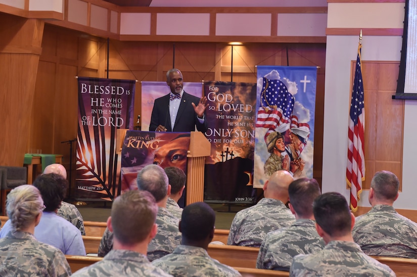 Melvin D. Willis, Space and Naval Warfare Systems Center – Atlantic Enterprise Information Systems Business manager, gives a speech during the Dr. Martin Luther King Jr. remembrance event Jan. 17, 2017 at the Joint Base Charleston, South Carolina chapel. Willis was the guest speaker for the ceremony honoring King’s legacy. The ceremony included a march across the baseas well as a celebratory program. Willis was a former command chief master sergeant for the 437 Airlift Wing.