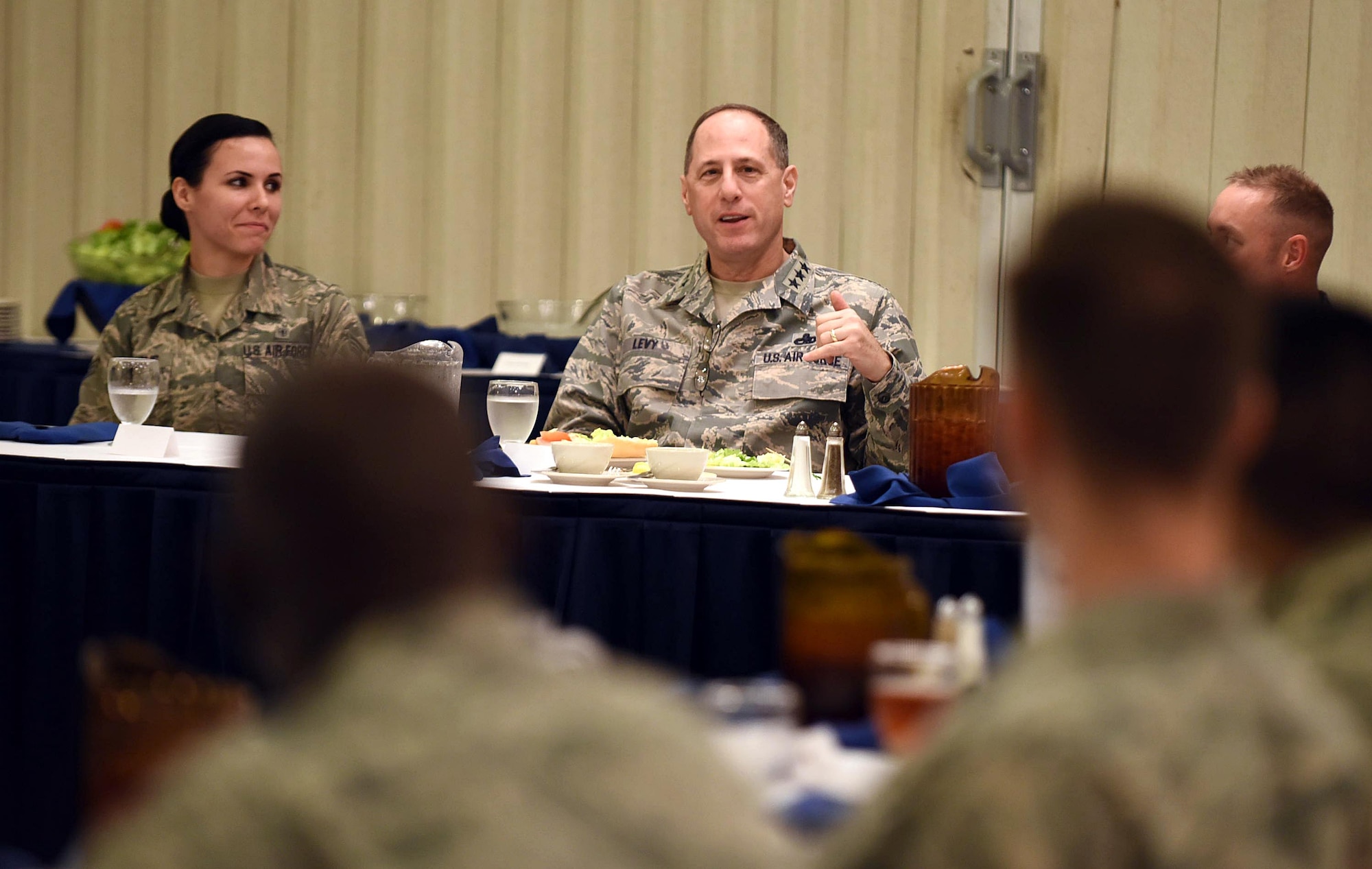 Lt. Gen. Lee Levy, Air Force Sustainment Center commander, speaks at the Junior Force Luncheon at Robins Air Force Base, Georgia, today. The general spoke to attendees about their importance to the mission and their essential contributions to Air Power. (U.S. Air Force photo by Tommie Horton)

