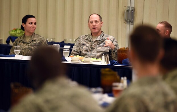 Lt. Gen. Lee Levy, Air Force Sustainment Center commander, speaks at the Junior Force Luncheon at Robins Air Force Base, Georgia, today. The general spoke to attendees about their importance to the mission and their essential contributions to Air Power. (U.S. Air Force photo by Tommie Horton)
