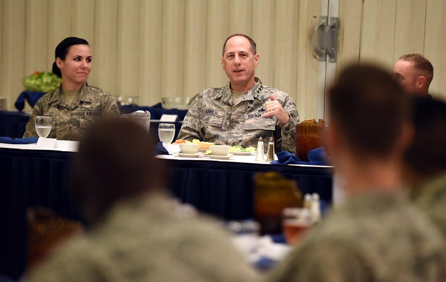 Lt. Gen. Lee Levy, Air Force Sustainment Center commander, speaks at the Junior Force Luncheon at Robins Air Force Base, Georgia, today. The general spoke to attendees about their importance to the mission and their essential contributions to Air Power. (U.S. Air Force photo by Tommie Horton)
