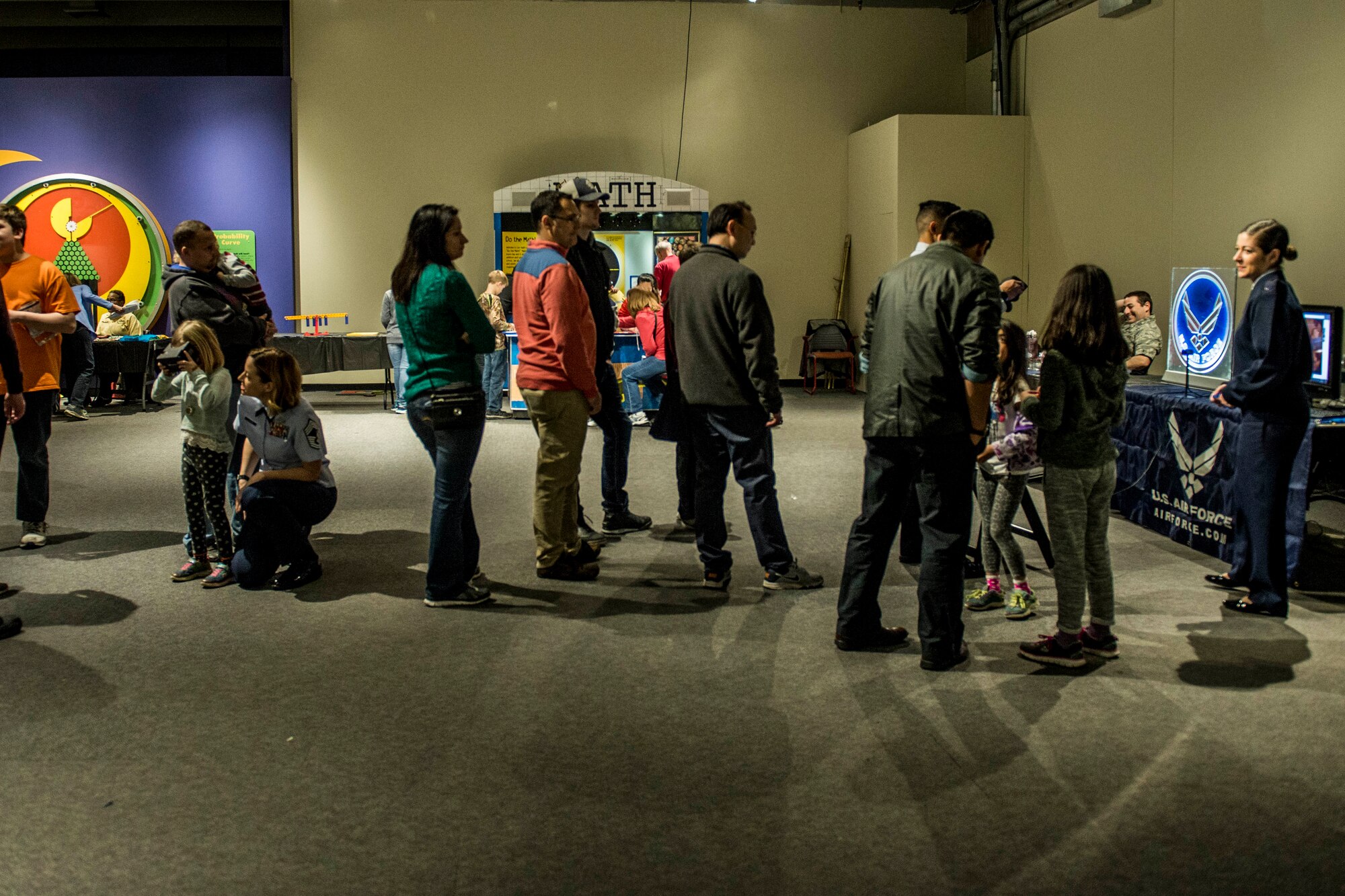 A line forms for the virtual reality experience at the Air Force booth.  (U.S. Air Force photo by Staff Sgt. Jodi Martinez)
