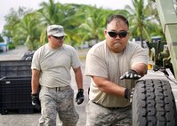 U.S. Air Force Staff Sgt. Joel Fernandez (left) and Tech. Sgt. Kyle Kikuchi (right) push a CDK Mobile Systems Dolly Set M1022A1 while setting up the Eagle Vision work site, Clark Air Base, Philippines, Jan. 15, 2017. Fernandez and Kikuchi are Eagle Vision team members who are deployed to the Philippines to support a Pacific Air Forces Subject Matter Expert Exchange mission. The team will work with Philippine Airmen to share how satellite imagery can help enhance Humanitarian Assistance and Disaster Relief efforts common in the Asia-Pacific. (U.S. Air Force photo by Tech. Sgt. James Stewart/Released)
