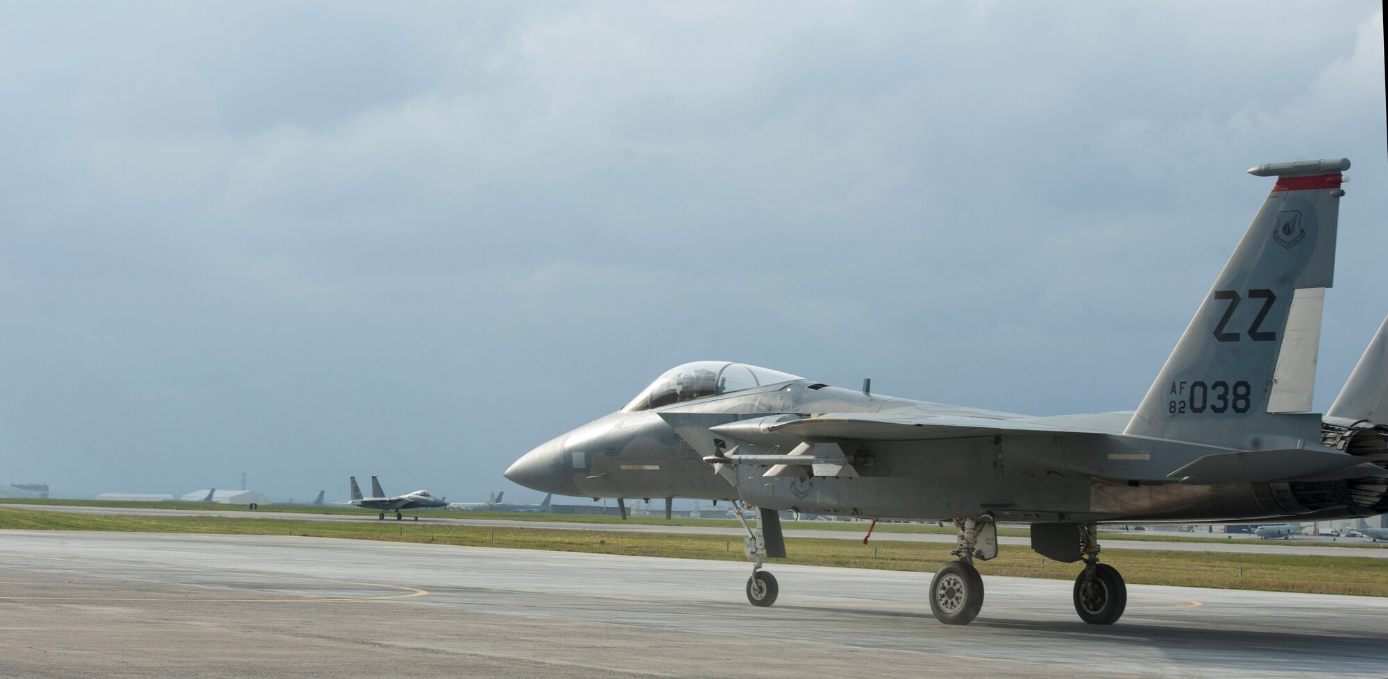 A U.S. Air Force F-15 Eagle assigned to the 67th Fighter Squadron taxies down the runway during a surge operation Jan. 11, 2017, at Kadena Air Base, Japan. Surges allow units to surpass flying goals and production capabilities, typically generating more than 60 sorties a day. (U.S. Air Force photo by Senior Airman Lynette M. Rolen/Released)