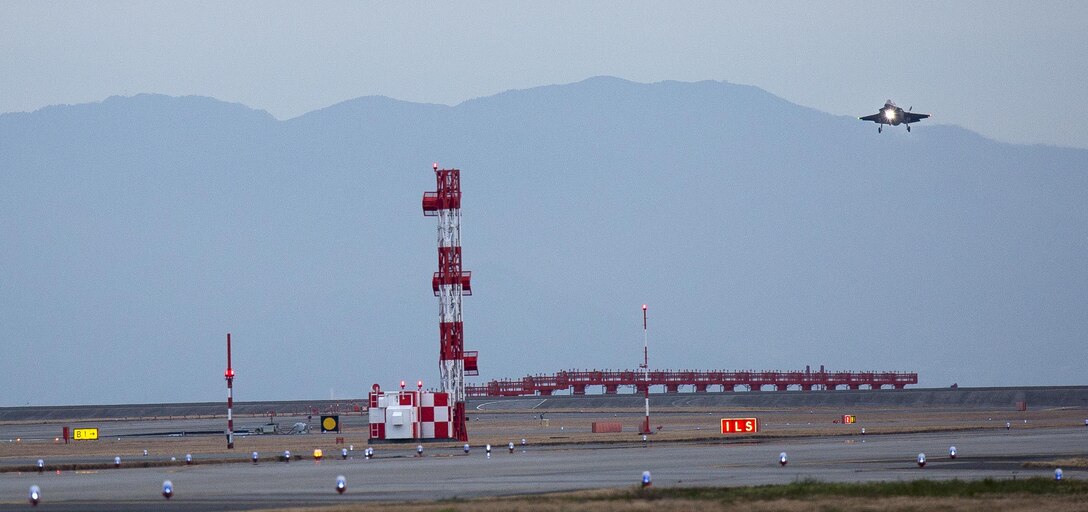 An F-35B Lightning II with Marine Fighter Attack Squadron (VMFA) 121, lands at Marine Corps Air Station Iwakuni, Japan, Jan. 18, 2017. VMFA-121 conducted a permanent change of station to MCAS Iwakuni, from MCAS Yuma, Ariz., and now belongs to Marine Aircraft Group 12, 1st Marine Aircraft Wing, III Marine Expeditionary Force. The F-35B Lightning II is a fifth-generation fighter, which is the world's first operational supersonic short takeoff and vertical landing aircraft. The F-35B brings strategic agility, operational flexibility and tactical supremacy to III MEF with a mission radius greater than that of the F/A-18 Hornet and AV-8B Harrier II in support of the U.S. - Japan alliance. (U.S. Marine Corps photo by Lance Cpl. Jacob A. Farbo)