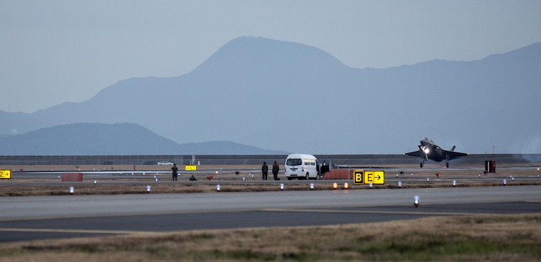 An F-35B Lightning II with Marine Fighter Attack Squadron (VMFA) 121, lands at Marine Corps Air Station Iwakuni, Japan, Jan. 18, 2017. VMFA-121 conducted a permanent change of station to MCAS Iwakuni, from MCAS Yuma, Ariz., and now belongs to Marine Aircraft Group 12, 1st Marine Aircraft Wing, III Marine Expeditionary Force. The F-35B Lightning II is a fifth-generation fighter, which is the world's first operational supersonic short takeoff and vertical landing aircraft. The F-35B brings strategic agility, operational flexibility and tactical supremacy to III MEF with a mission radius greater than that of the F/A-18 Hornet and AV-8B Harrier II in support of the U.S. - Japan alliance. (U.S. Marine Corps photo by Lance Cpl. Jacob A. Farbo)