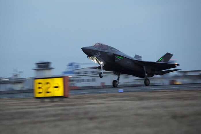 An F-35B Lightning II with Marine Fighter Attack Squadron (VMFA) 121, lands at Marine Corps Air Station Iwakuni, Japan, Jan. 18, 2017. VMFA-121 conducted a permanent change of station to MCAS Iwakuni, from MCAS Yuma, Ariz., and now belongs to Marine Aircraft Group 12, 1st Marine Aircraft Wing, III Marine Expeditionary Force. The F-35B Lightning II is a fifth-generation fighter, which is the world’s first operational supersonic short takeoff and vertical landing aircraft. The F-35B brings strategic agility, operational flexibility and tactical supremacy to III MEF with a mission radius greater than that of the F/A-18 Hornet and AV-8B Harrier II in support of the U.S. – Japan alliance. (U.S. Marine Corps photo by Lance Cpl. Joseph Abrego)