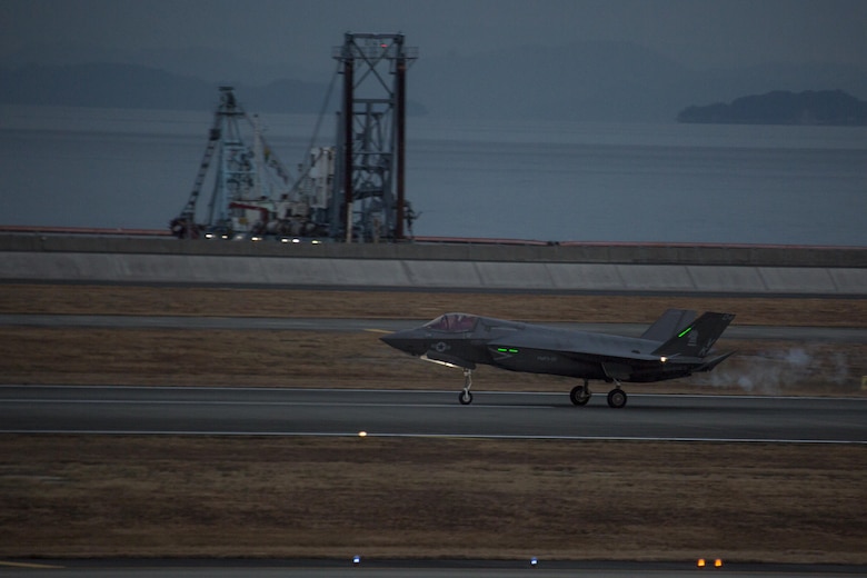 An F-35B Lightning II with Marine Fighter Attack Squadron (VMFA) 121, lands at Marine Corps Air Station Iwakuni, Japan, Jan. 18, 2017. VMFA-121 conducted a permanent change of station to MCAS Iwakuni, from MCAS Yuma, Ariz., and now belongs to Marine Aircraft Group 12, 1st Marine Aircraft Wing, III Marine Expeditionary Force. The F-35B Lightning II is a fifth-generation fighter, which is the world’s first operational supersonic short takeoff and vertical landing aircraft. The F-35B brings strategic agility, operational flexibility and tactical supremacy to III MEF with a mission radius greater than that of the F/A-18 Hornet and AV-8B Harrier II in support of the U.S. – Japan alliance. (U.S. Marine Corps photo by Cpl. Aaron Henson)