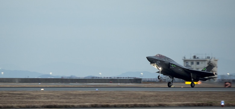 An F-35B Lightning II with Marine Fighter Attack Squadron (VMFA) 121, lands at Marine Corps Air Station Iwakuni, Japan, Jan. 18, 2017. VMFA-121 conducted a permanent change of station to MCAS Iwakuni, from MCAS Yuma, Ariz., and now belongs to Marine Aircraft Group 12, 1st Marine Aircraft Wing, III Marine Expeditionary Force. The F-35B Lightning II is a fifth-generation fighter, which is the world's first operational supersonic short takeoff and vertical landing aircraft. The F-35B brings strategic agility, operational flexibility and tactical supremacy to III MEF with a mission radius greater than that of the F/A-18 Hornet and AV-8B Harrier II in support of the U.S. - Japan alliance. (U.S. Marine Corps photo by Lance Cpl. Jacob A. Farbo)