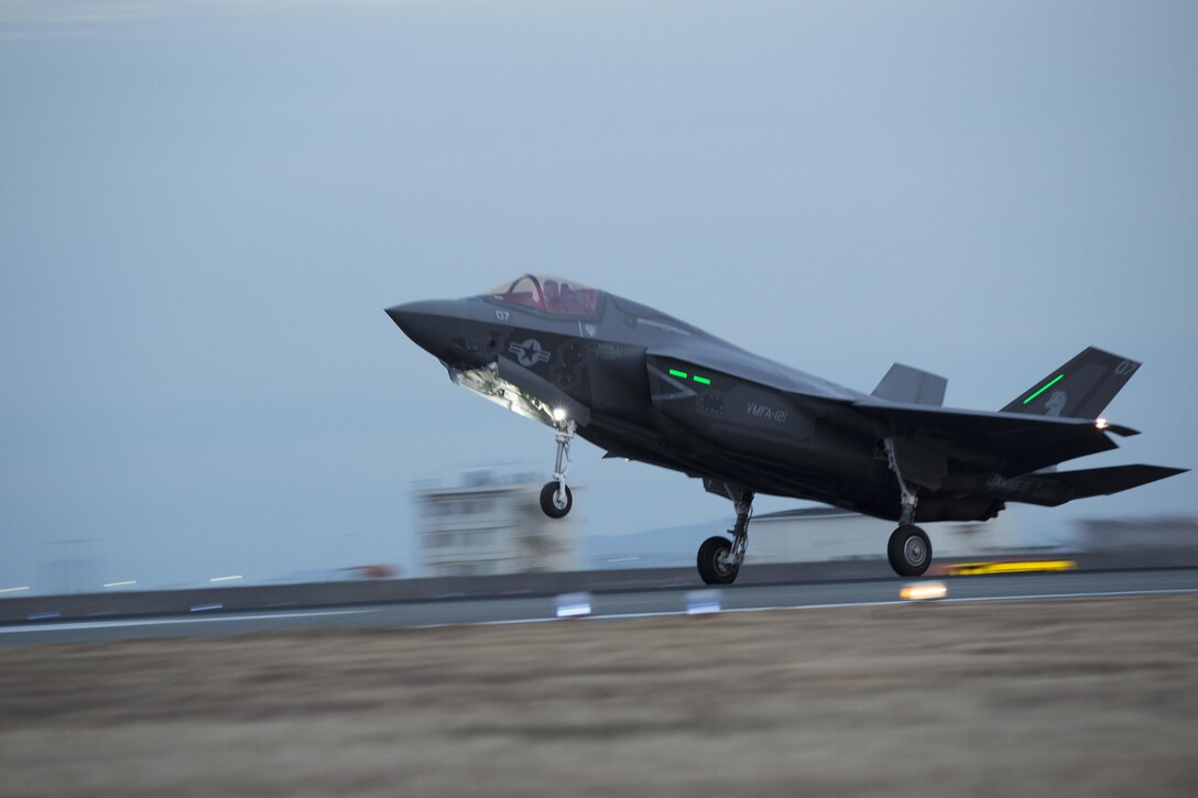 An F-35B Lightning II with Marine Fighter Attack Squadron (VMFA) 121, lands at Marine Corps Air Station Iwakuni, Japan, Jan. 18, 2017. VMFA-121 conducted a permanent change of station to MCAS Iwakuni, from MCAS Yuma, Ariz., and now belongs to Marine Aircraft Group 12, 1st Marine Aircraft Wing, III Marine Expeditionary Force. The F-35B Lightning II is a fifth-generation fighter, which is the world’s first operational supersonic short takeoff and vertical landing aircraft. The F-35B brings strategic agility, operational flexibility and tactical supremacy to III MEF with a mission radius greater than that of the F/A-18 Hornet and AV-8B Harrier II in support of the U.S. – Japan alliance. (U.S. Marine Corps photo by Lance Cpl. Joseph Abrego)