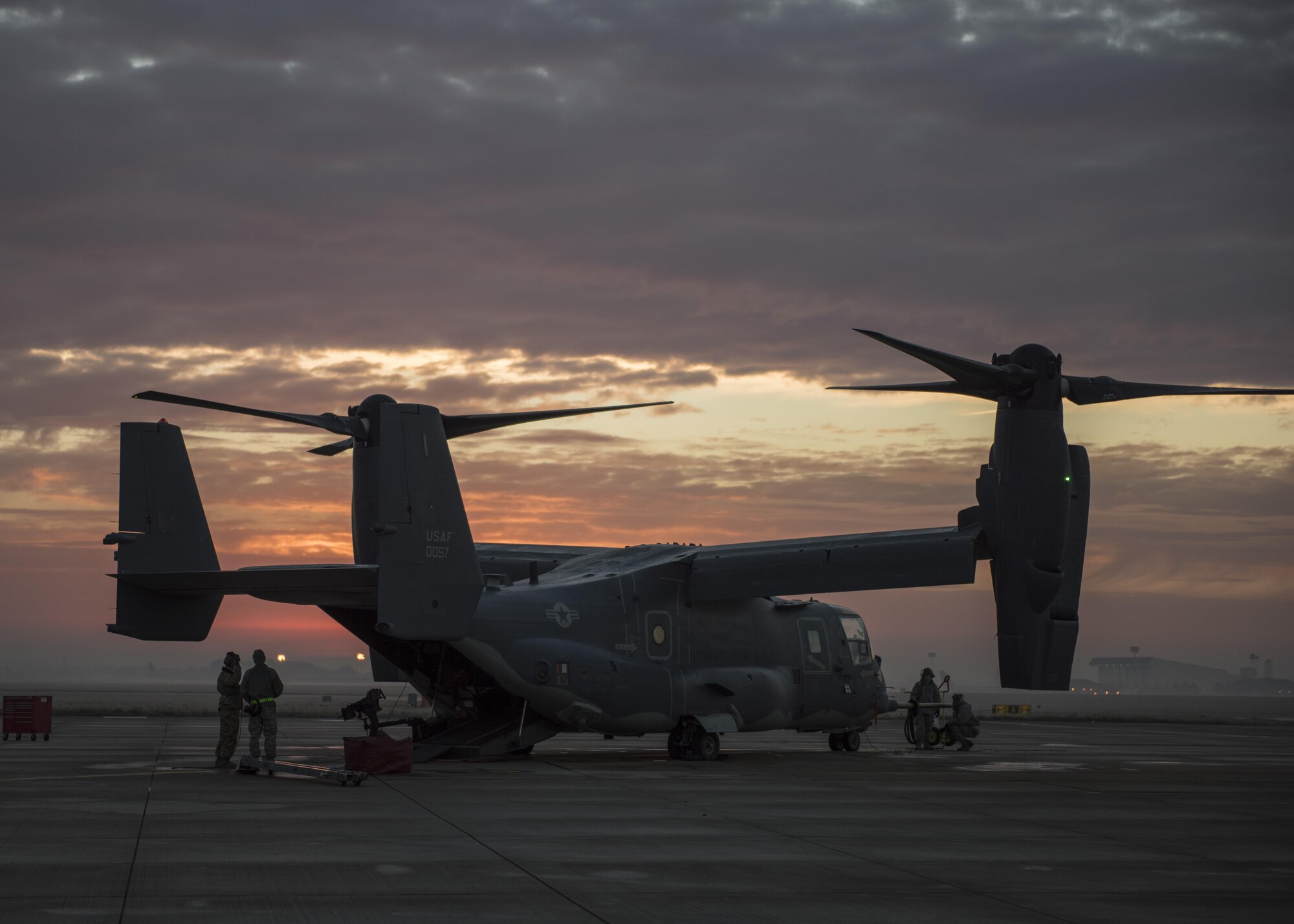 U.S. Airmen from the 352d Special Operations Maintenance Squadron inspect a CV-22 refueling probe for leaks, cracks and deterioration prior to launch Jan. 17. 2017 on RAF Mildenhall, England. From pre-flight inspections to phase maintenance, 352 SOMXS personnel inspect these tiltrotor aircraft multiple times annually in support of an active, long-range special operations role. (U.S. Air Force photo by 1st Lt Chris Sullivan)