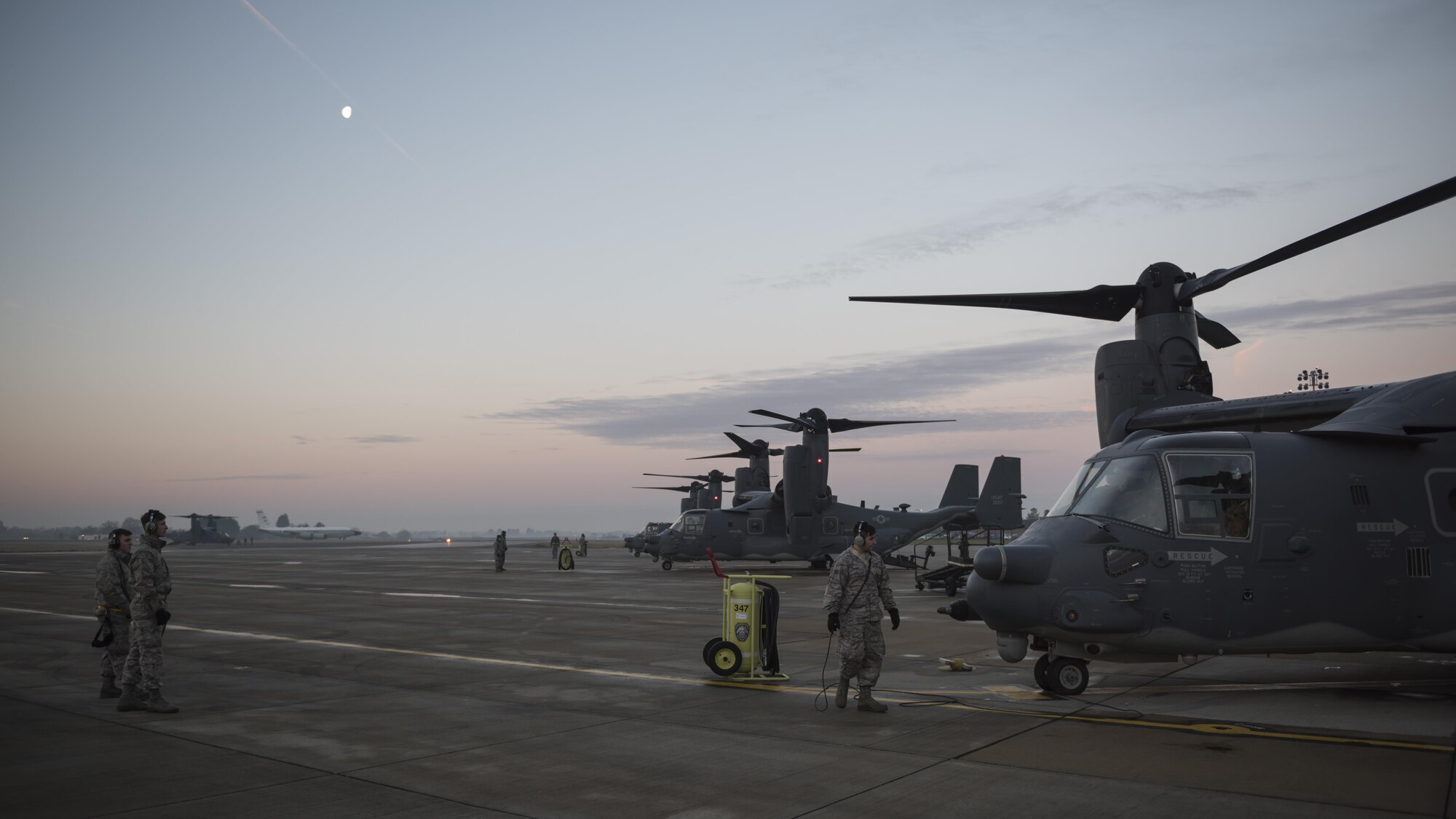 U.S. Airmen from the 352d Special Operations Maintenance Squadron prepare to launch CV-22 Ospreys in the early morning Jan. 17, 2017 on RAF Mildenhall, England. From inspection to launch, maintenance Airmen from five career fields work night and day to ensure the CV-22 is prepared to deliver its one-of-a-kind combination of speed, range and operational flexibility for special operations missions. (U.S. Air Force photo by 1st Lt Chris Sullivan)