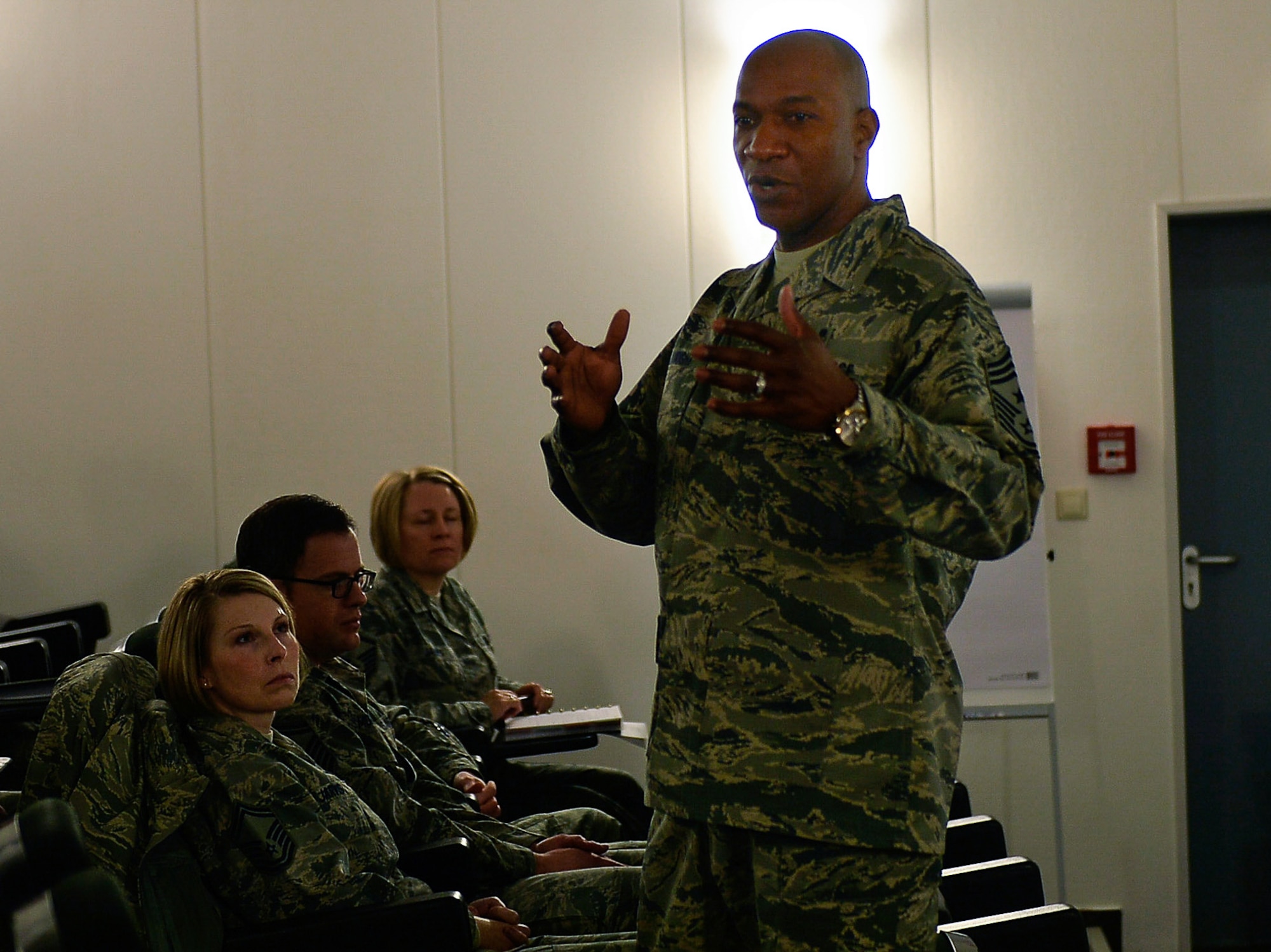 Chief Master Sgt. Kaleth O. Wright, U.S. Air Forces in Europe and Air Forces Africa command chief, speaks to senior NCOs at the 86th Medical Group Top 3's Senior NCO Symposium, Jan. 17, 2017. Wright spoke about the importance of deliberate development. (U.S. Air Force photo by Airman 1st Class Joshua Magbanua)