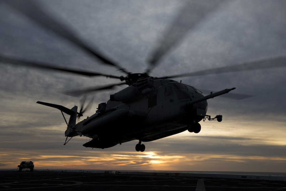An CH-53K Super Stallion with Marine Medium Tiltrotor Squadron 365, 24th Marine Expeditionary Unit, departs from USS Mesa Verde to return Marines and Sailors from a simulated non-combatant evacuation / military assisted departure mission, Jan. 17, 2017 during Composite Training Unit Exercise. COMPTUEX is the 24th MEU’s final at-sea evaluation designed for Marines and Sailors to increase operational efficiency before deployment.