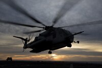 An CH-53K Super Stallion with Marine Medium Tiltrotor Squadron 365, 24th Marine Expeditionary Unit, departs from USS Mesa Verde to return Marines and Sailors from a simulated non-combatant evacuation / military assisted departure mission, Jan. 17, 2017 during Composite Training Unit Exercise. COMPTUEX is the 24th MEU’s final at-sea evaluation designed for Marines and Sailors to increase operational efficiency before deployment.
