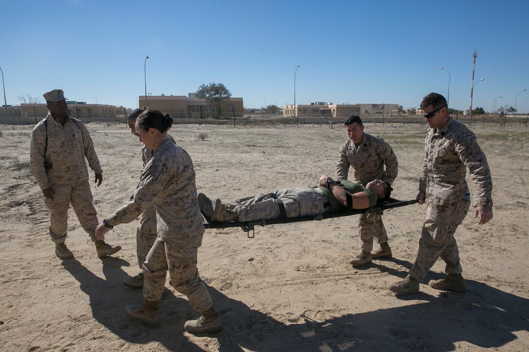 Sailors with Shock Trauma Platoon Detachment, Combat Logistics Battalion 7, Special Purpose Marine Air-Ground Task Force-Crisis Response-Central Command, carry a casualty during an emergency medical exercise while forward deployed to the Middle East, Jan. 7, 2017. The ability to set up an emergency medical facility quickly anywhere on the battlefield supports the SPMAGTF’s crisis response capability. 