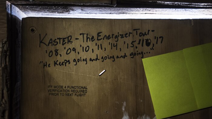 A list of deployment dates for Tech. Sgt. Bob Kaster, 455th Expeditionary Aircraft Maintenance Squadron C-130 Compass Call Aircraft Maintenance Unit communications navigations and mission systems technician, is written on the door of his office at Bagram Airfield, Afghanistan Jan. 12, 2017. The 41st Electronic Combat Squadron and the 755th Aircraft Maintenance Squadron based out of Davis-Monthan Air Force Base, Arizona, have been continuously deployed in support of Operation Enduring Freedom, and now Resolute Support Mission, since 2002. They have been at Bagram since 2004. (U.S. Air Force photo by Staff Sgt. Katherine Spessa)