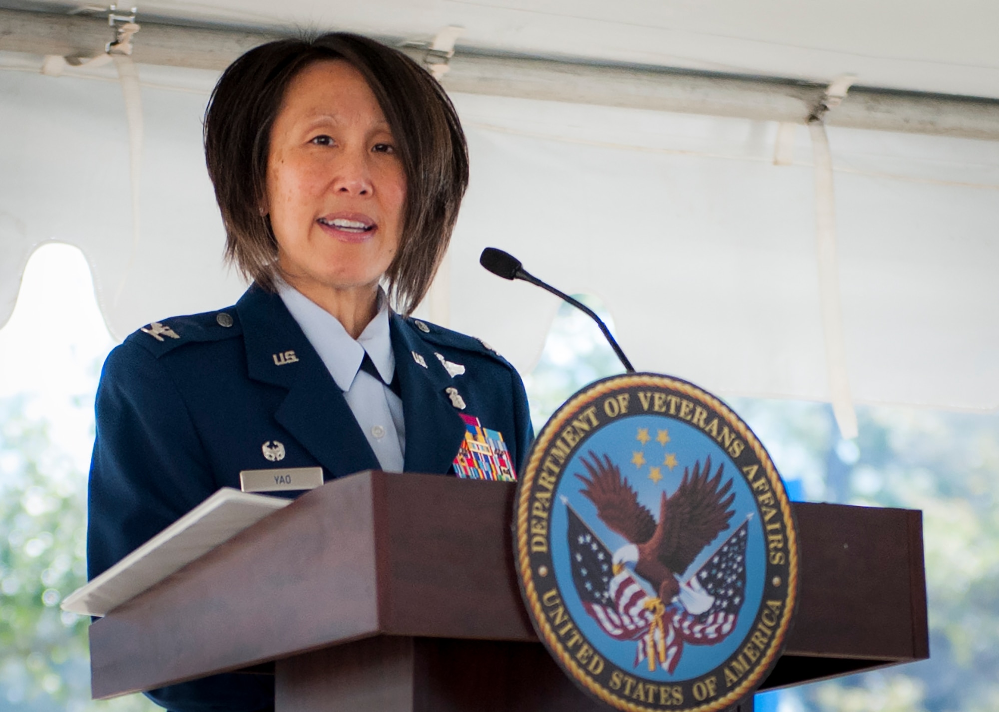 Col. Eveline Yao, 96th Medical Group commander, speaks to attendees at the Veterans’ Affairs clinic expansion ground breaking on Jan. 13 at Eglin VA Clinic.  (U.S. Air Force photo/Sara Francis)
