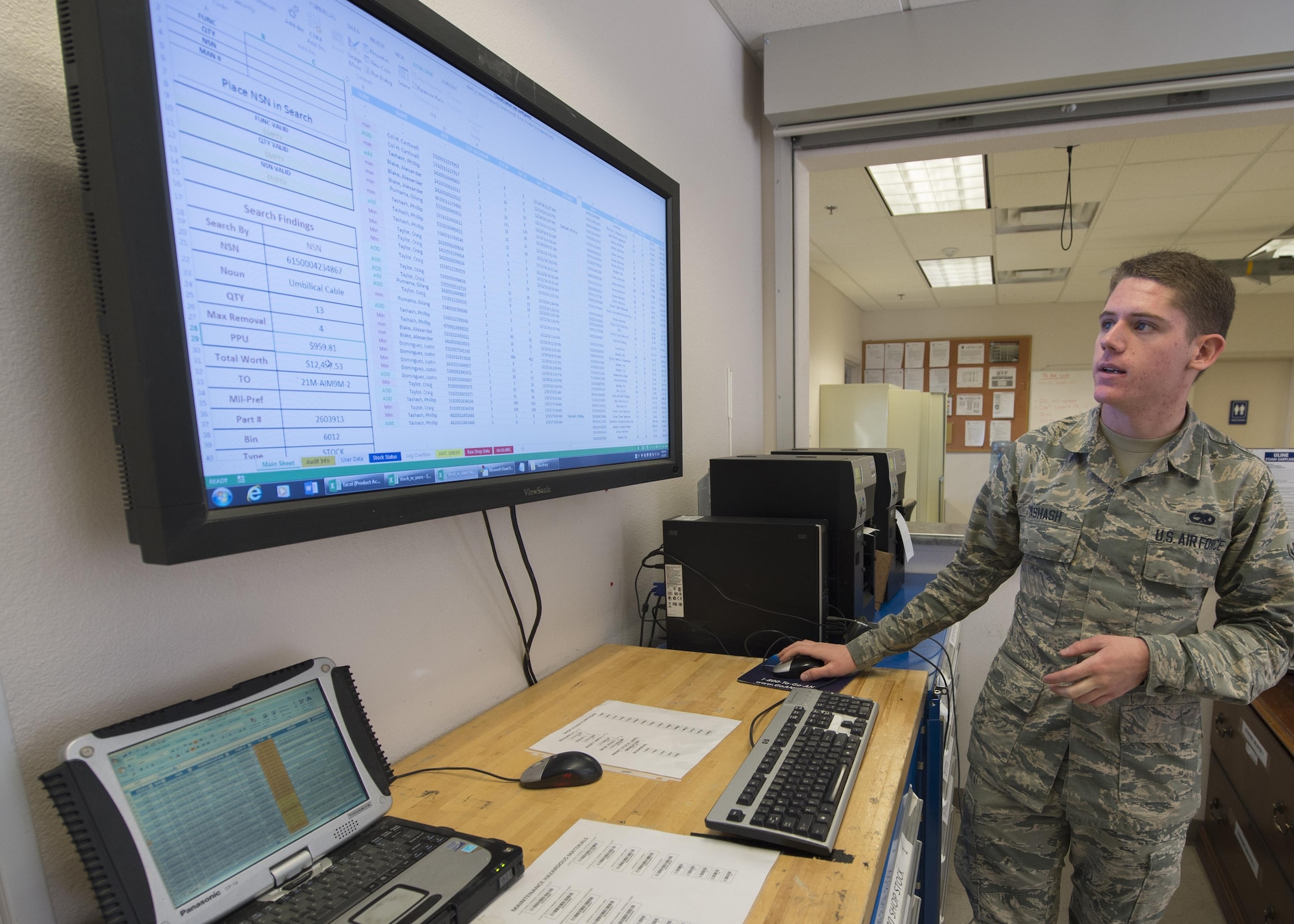 Airman Phillip Tashash, a 49th Maintenance Squadron munitions specialist, does an inventory transaction using the Automated Supply Accountability Program, Jan. 9, 2017, at Holloman Air Force Base, N.M. The ASAP is a new program that Holloman’s AMMO flight uses to track quantity and prices of assets. Tashash created the program, which allows personnel to perform accurate transactions in 10 seconds, rather than five minutes with the old system. (U.S. Air Force photo by Senior Airman Emily Kenney)