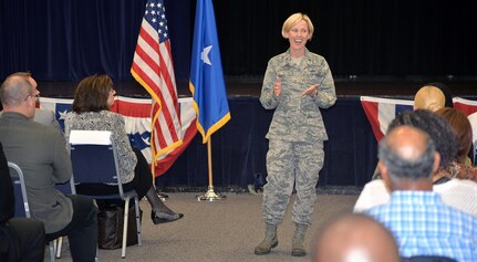 Brig. Gen. Heather Pringle, 502nd Air Base Wing and Joint Base San Antonio commander, speaks to the graduates of the Onward to Opportunity, or O2O, Program at the Joint Base San Antonio-Fort Sam Houston Military & Family Readiness Center Jan. 17.