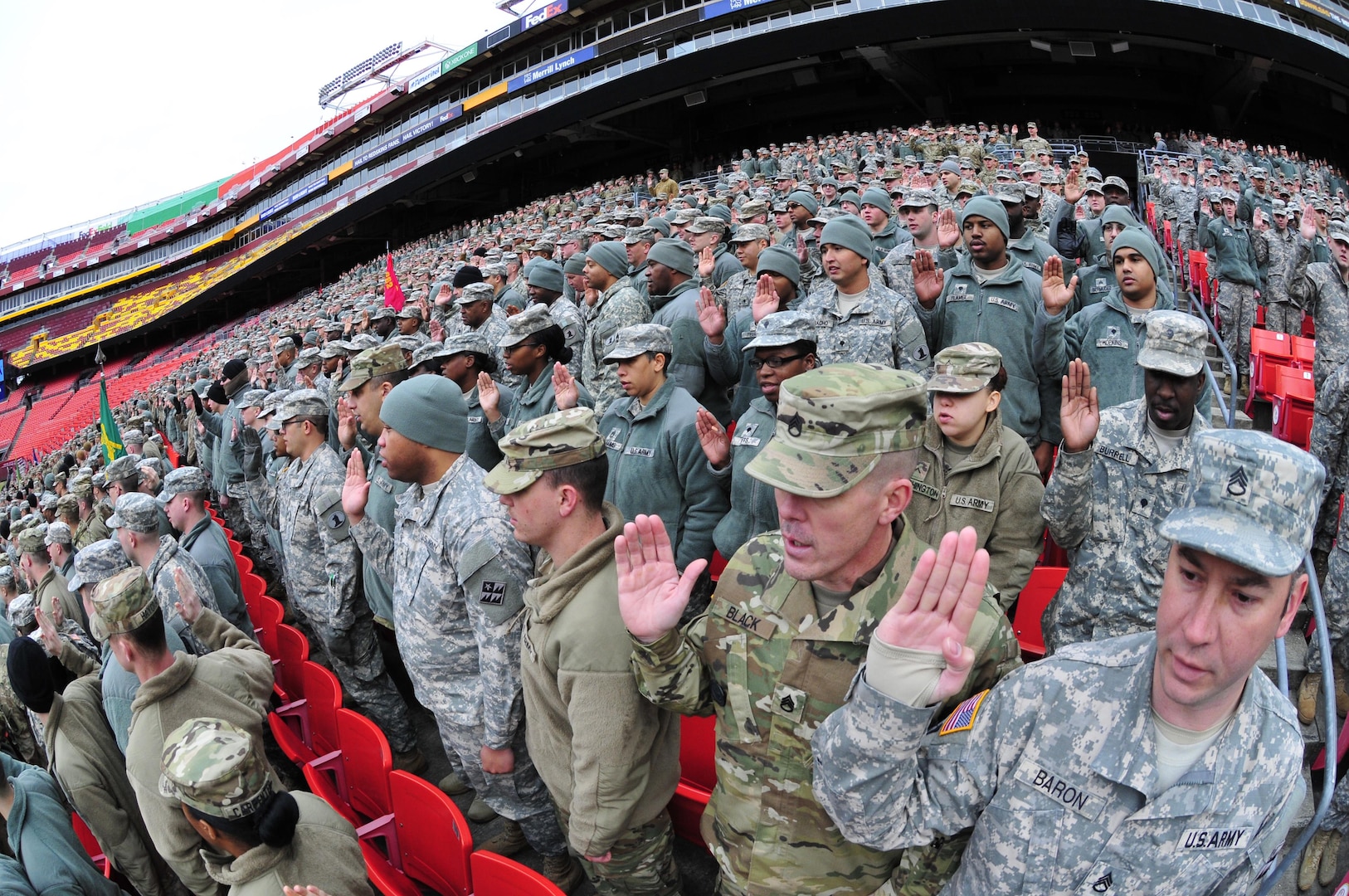 Delaware National Guard Soldiers and Airmen swear in as District of Columbia special police at FedEx Field in Landover, Md., Jan. 19, 2017. The DNG members are here in preparation of the 58th Presidential Inauguration. During the historic event, National Guard troops from almost every state and territory will provide several critical functions including crowd management, traffic control, emergency services, logistics, and ceremonial marching elements. 