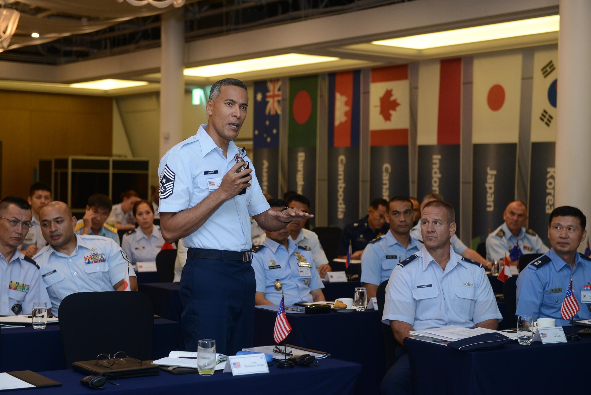 Chief Master Sgt. Terrence Greene, the U.S. Forces Japan and 5th Air Force command chief master sergeant, speaks during the recent Pacific Rim (PACRIM) Airpower Symposium, Sept. 5-9, 2016 in Seoul, South Korea. The PACRIM Airpower Symposium builds and improves multilateral relationships among air forces in the Indo-Asia-Pacific region. Bringing regional partners together in forums such as the PACRIM Airpower Symposium to address issues of mutual concern enhance the ability to respond to crises that threaten the peace and stability of the Indo-Asia-Pacific region. (Courtesy photo)