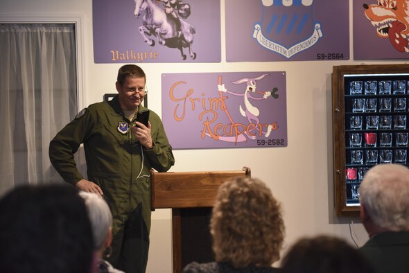 Gen. Robin Rand, commander of Air Force Global Strike Command, speaks with retired Lt. Col. Richard Cole, the last living Doolittle Raider at the 26th anniversary of Operation Secret Squirrel at Barksdale Air Force Base, La., Jan. 17, 2017. Operation Senior Surprise was a secret mission that helped kick off Operation Desert Storm. Senior Surprise was the official name of the mission, but aircrew and maintainers creatively came up with the name Secret Squirrel so they could track schedules and discuss the mission in unclassified areas. (U.S. Air Force photo/Airman 1st Class Alexis Schultz)