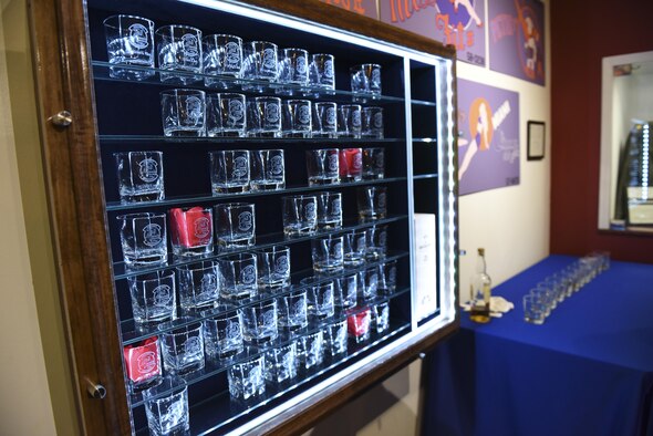 Glasses, engraved with the names of each Operation Secret Squirrel crewmember, sit on display at the Barksdale Global Power museum on Barksdale Air Force Base, La., Jan. 17, 2017. Jan. 16, 1991, seven B-52G Stratofortresses from Barksdale took off heading toward Iraqi targets, launched 35 conventional air launch cruise missiles, and returned in secret in support of Operation Desert Storm. The mission, Operation Senior Surprise, remained classified until Jan. 16. 1992, when the crewmembers who made the mission possible were presented with air, achievement and commendation medals for their efforts. (U.S. Air Force photo/Airman 1st Class Alexis Schultz)