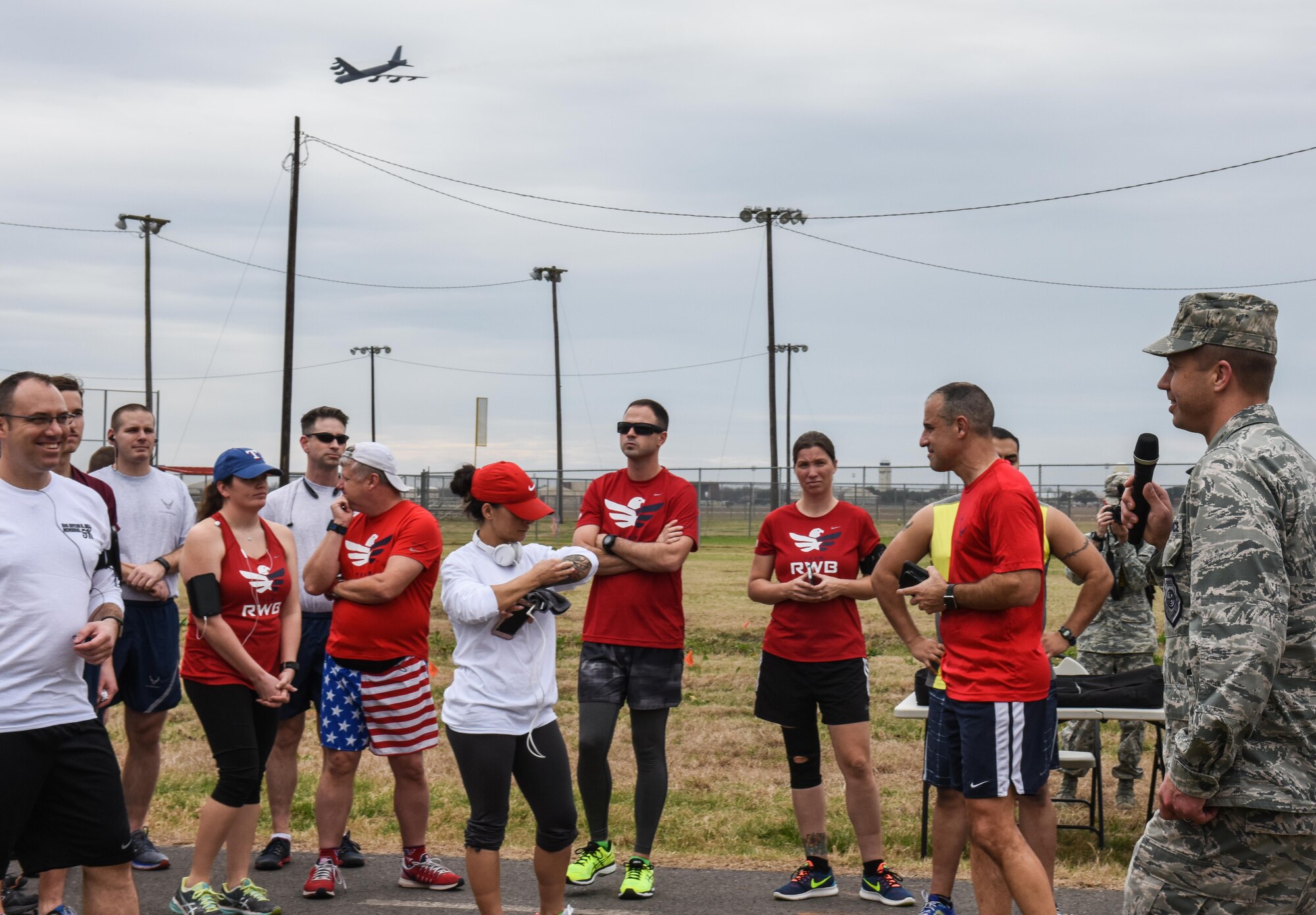 Col. Ty Nueman, 2nd Bomb Wing commander, gives opening remarks before the SrA Bryan R. Bell 5k at Barksdale Air Force Base, La., Jan. 13, 2017. The run honored Bell, who gave the ultimate sacrifice while defending his country in support of Operation Enduring Freedom.(U.S. Air Force photo/Senior Airman Luke Hill)